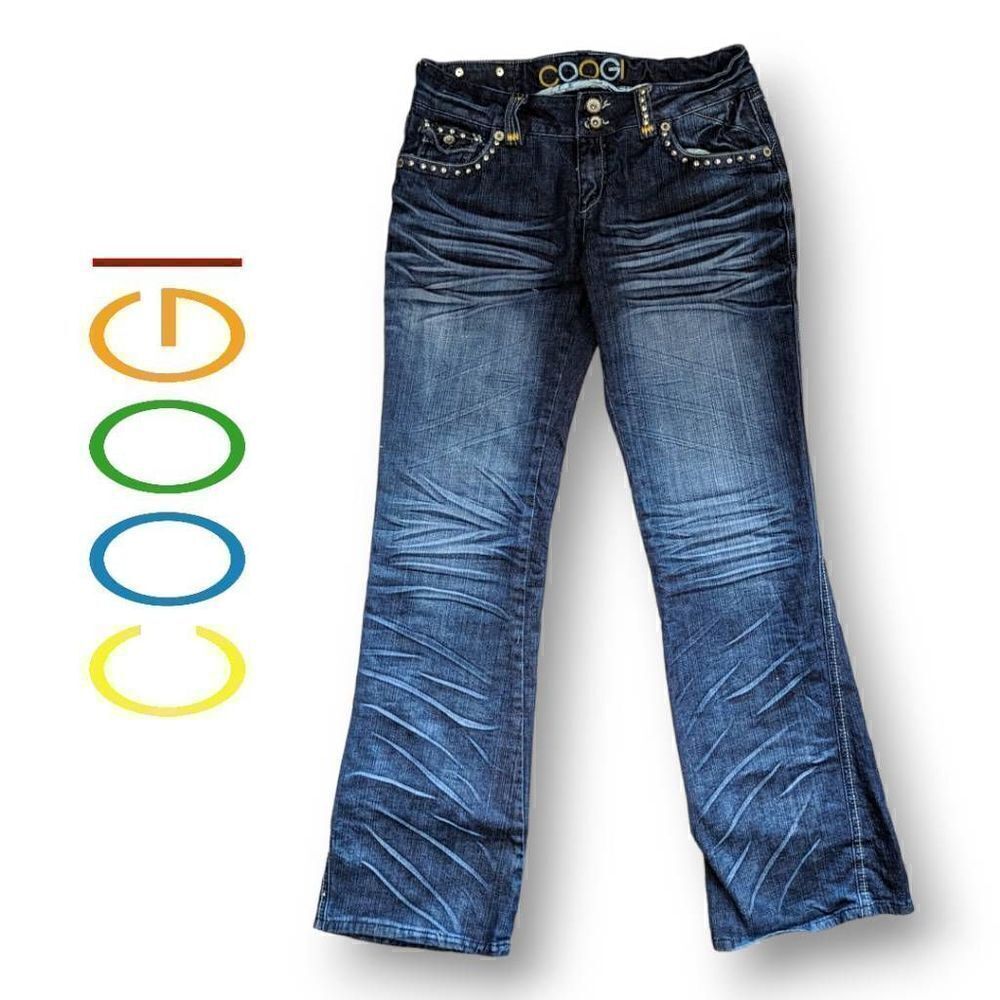 Coogi Y2K Womens Denim Jeans Boot Cut Stud Double Button Blue Med Wash Size 11/1